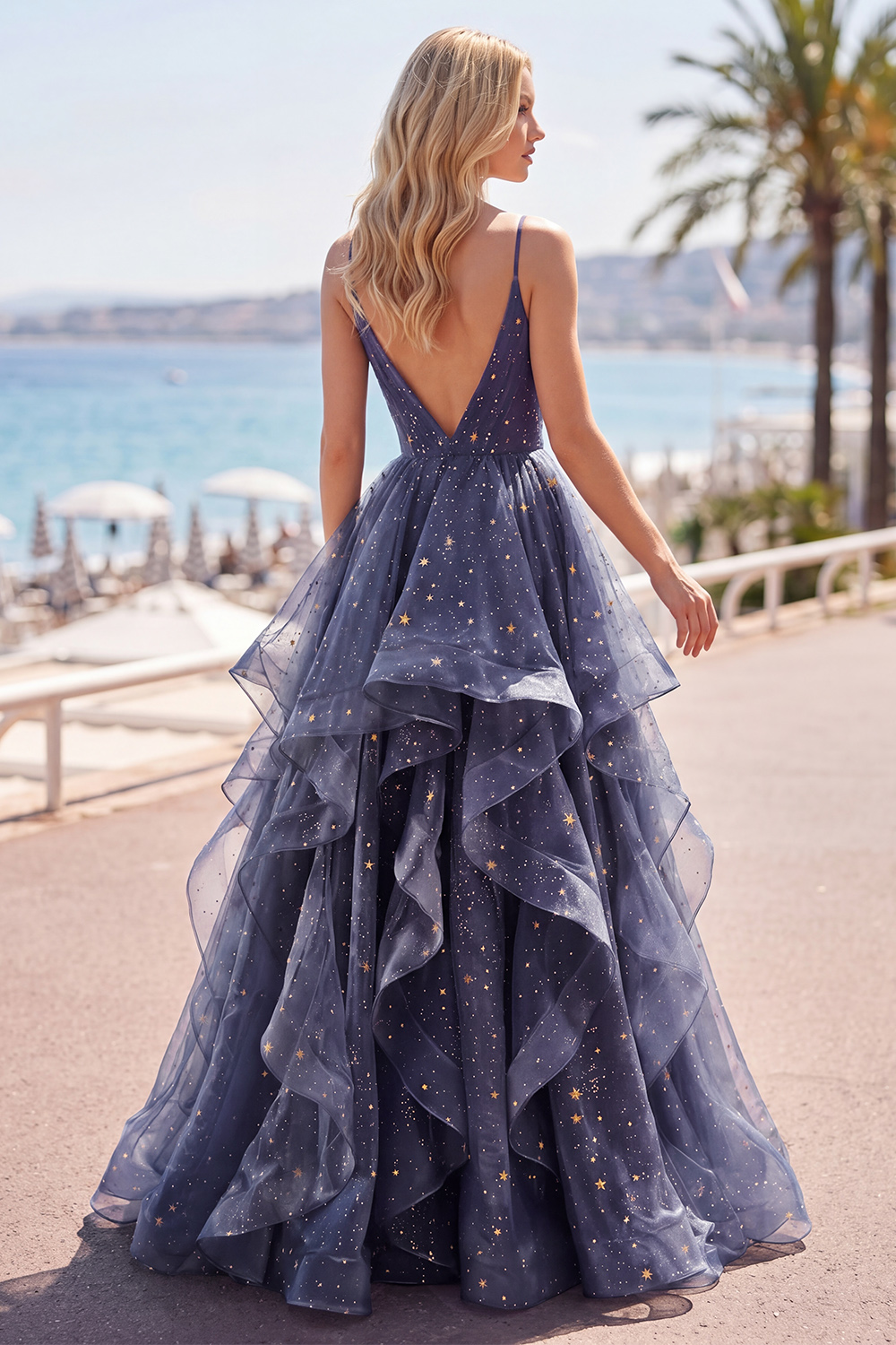 Dusty Blue V-Neck Long Ruched A Line Glitter Prom Dress with Ruffles