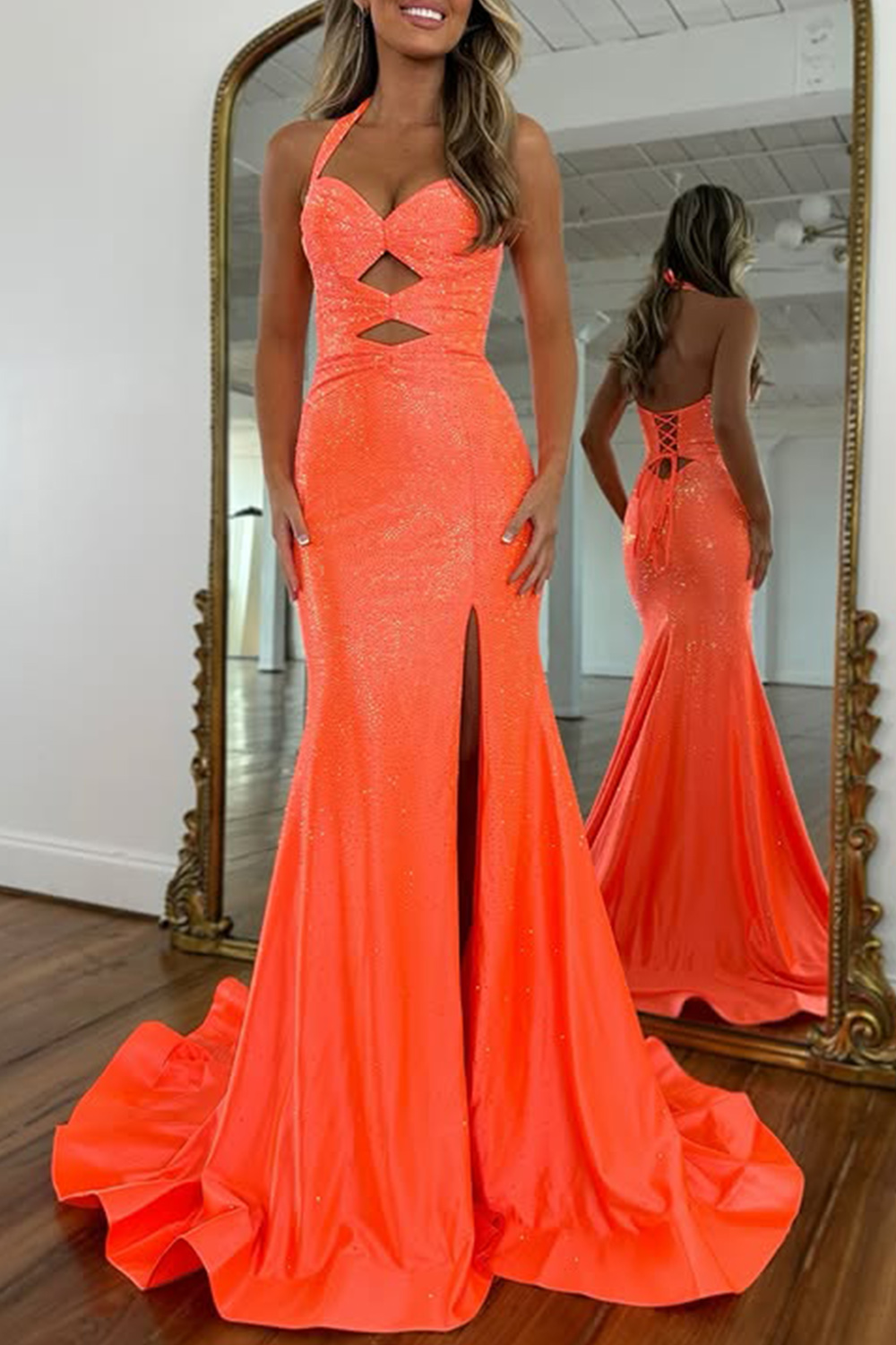 Sparkly Peacock Green Mermaid Satin Keyhole Long Beaded Prom Dress with Slit