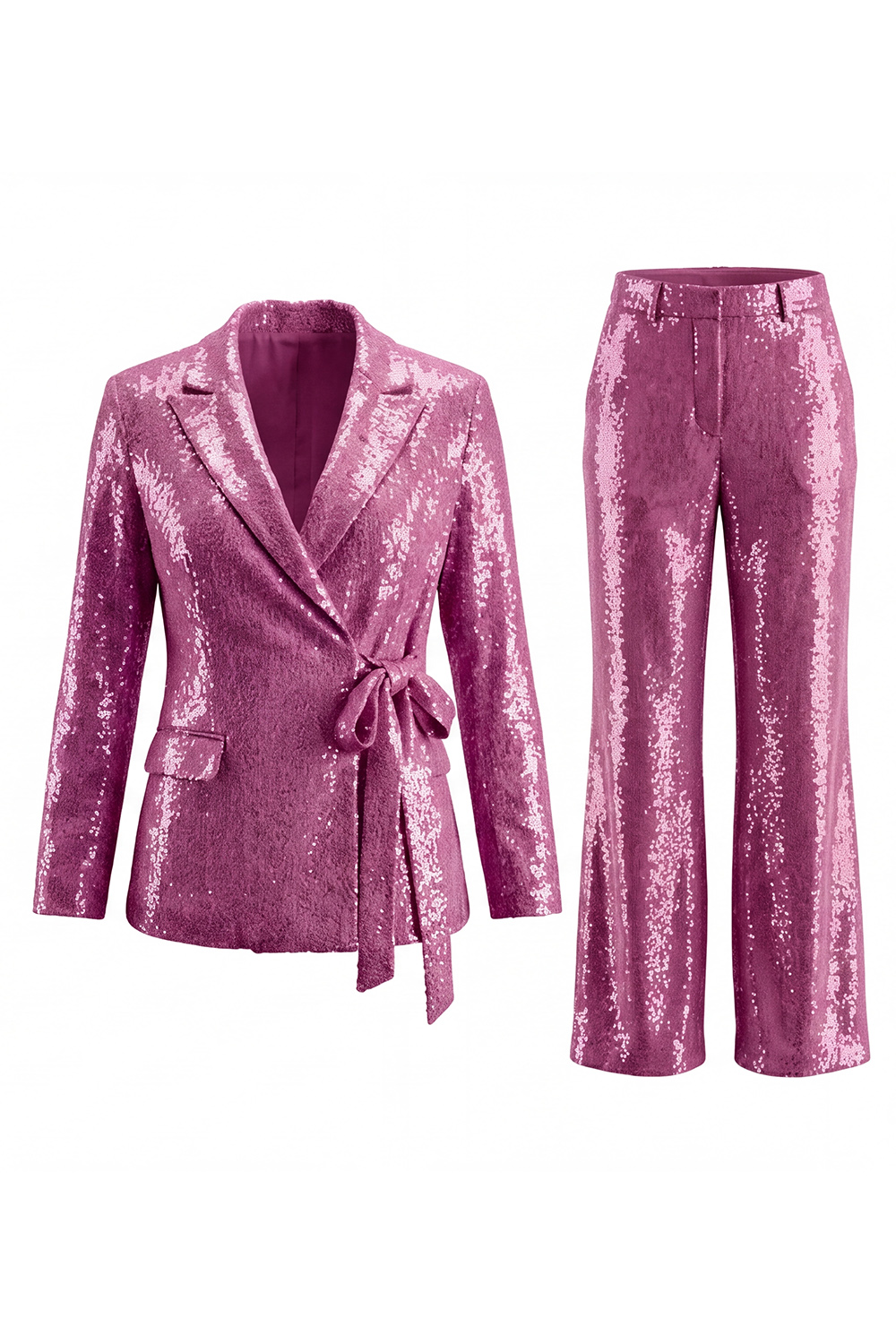 Sparkly Sequin Burgundy Two Piece Prom Suits with Sash