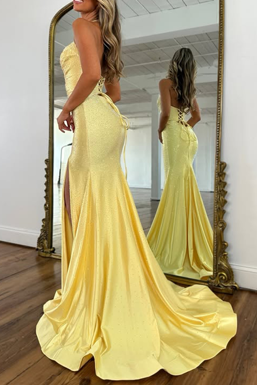 Sparkly Peacock Green Mermaid Satin Keyhole Long Beaded Prom Dress with Slit