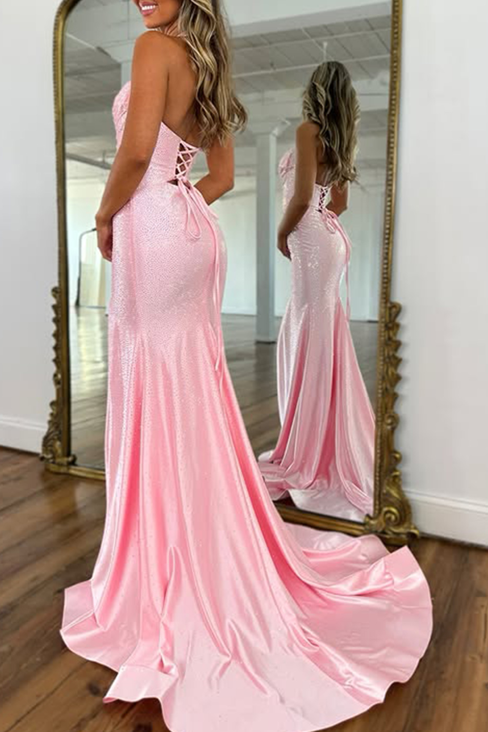 Sparkly Peacock Green Mermaid Satin Keyhole Long Beaded Prom Dress with Slit