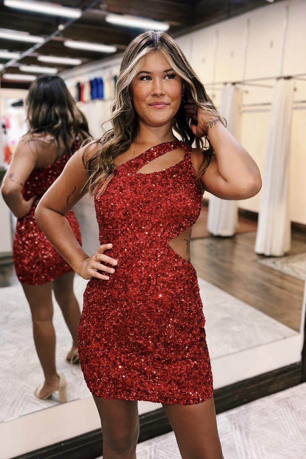 Sparkly Sequins One Shoulder Red Cut Out Short Homecoming Dress