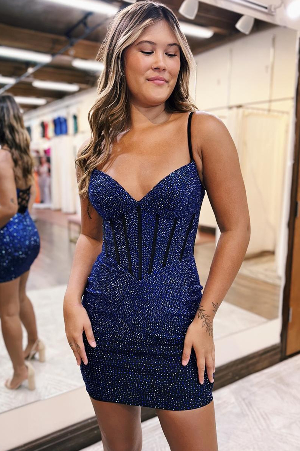Sparkly Spaghetti Straps Navy Bodycon Corset Homecoming Dress with Beading