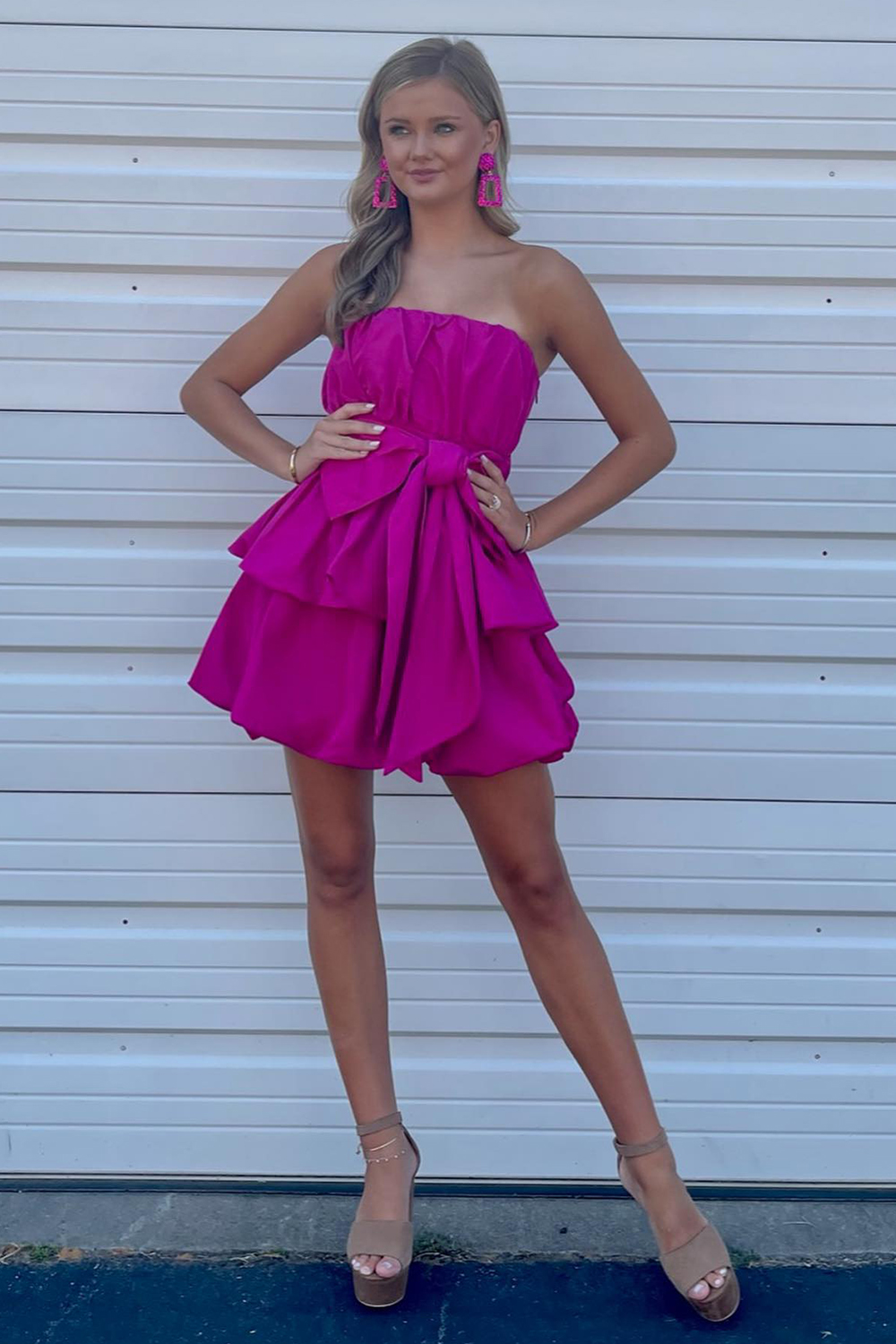 Fuchsia Satin Strapless A-Line Corset Homecoming Dress with Bow