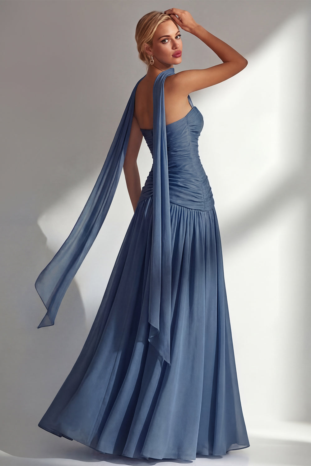 Strapless Ruched Long Blue Neck Scarf Boho Wedding Guest Dress with Slit