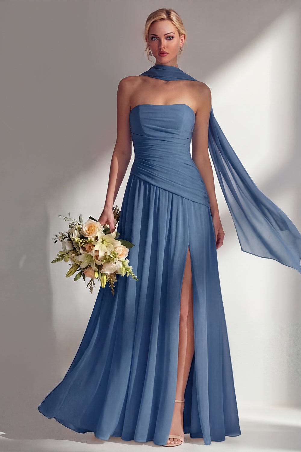Strapless Ruched Long Blue Neck Scarf Boho Wedding Guest Dress with Slit