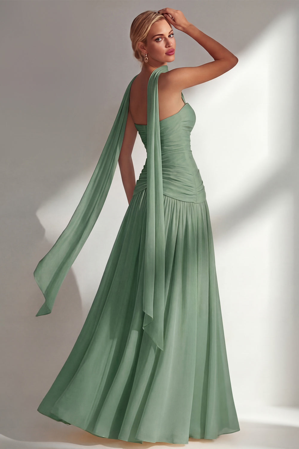 Strapless Ruched Long Blue Neck Scarf Boho Wedding Guest Dress with Slit