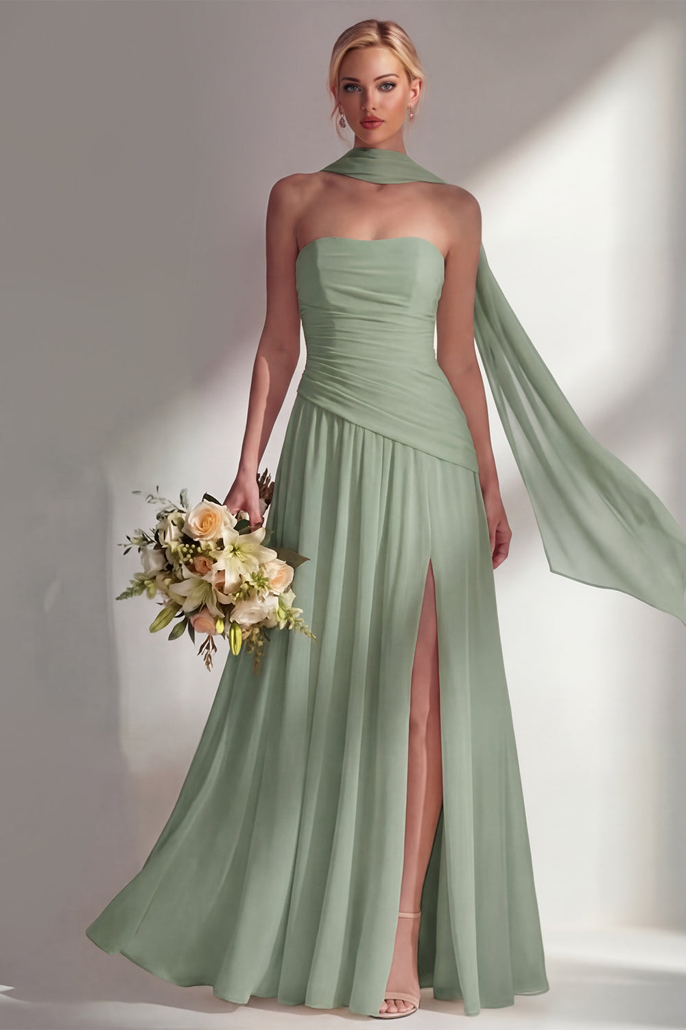 Strapless Ruched Long Blue Neck Scarf Boho Wedding Guest Dress with Slit