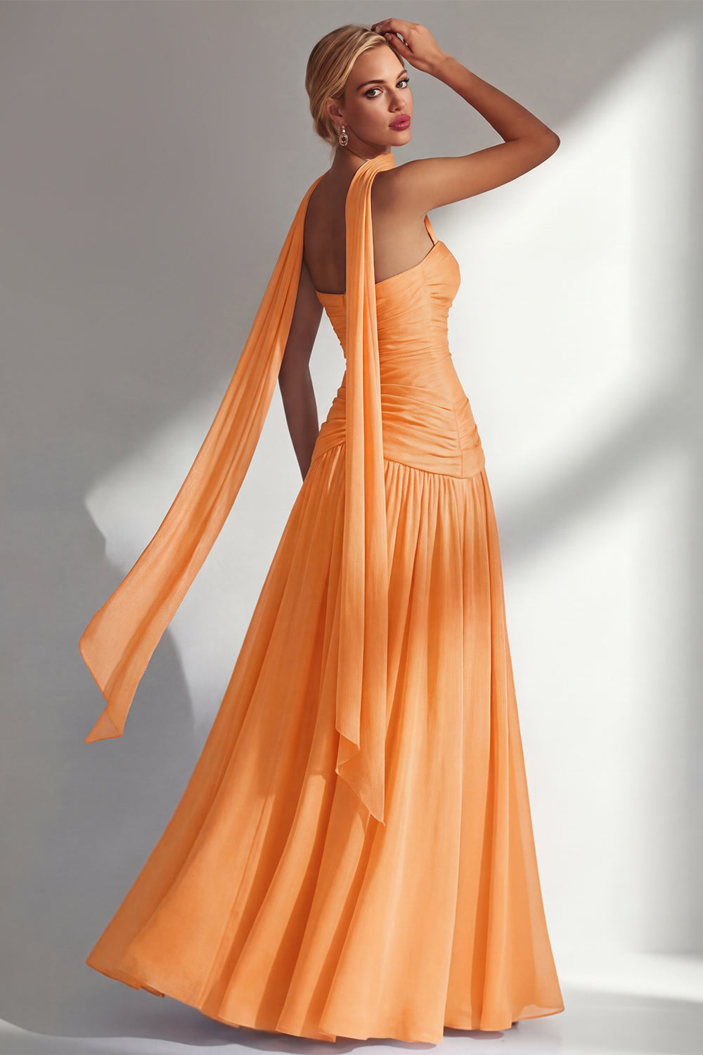 Strapless Ruched Long Blue Neck Scarf Boho Wedding Guest Dress with Slit