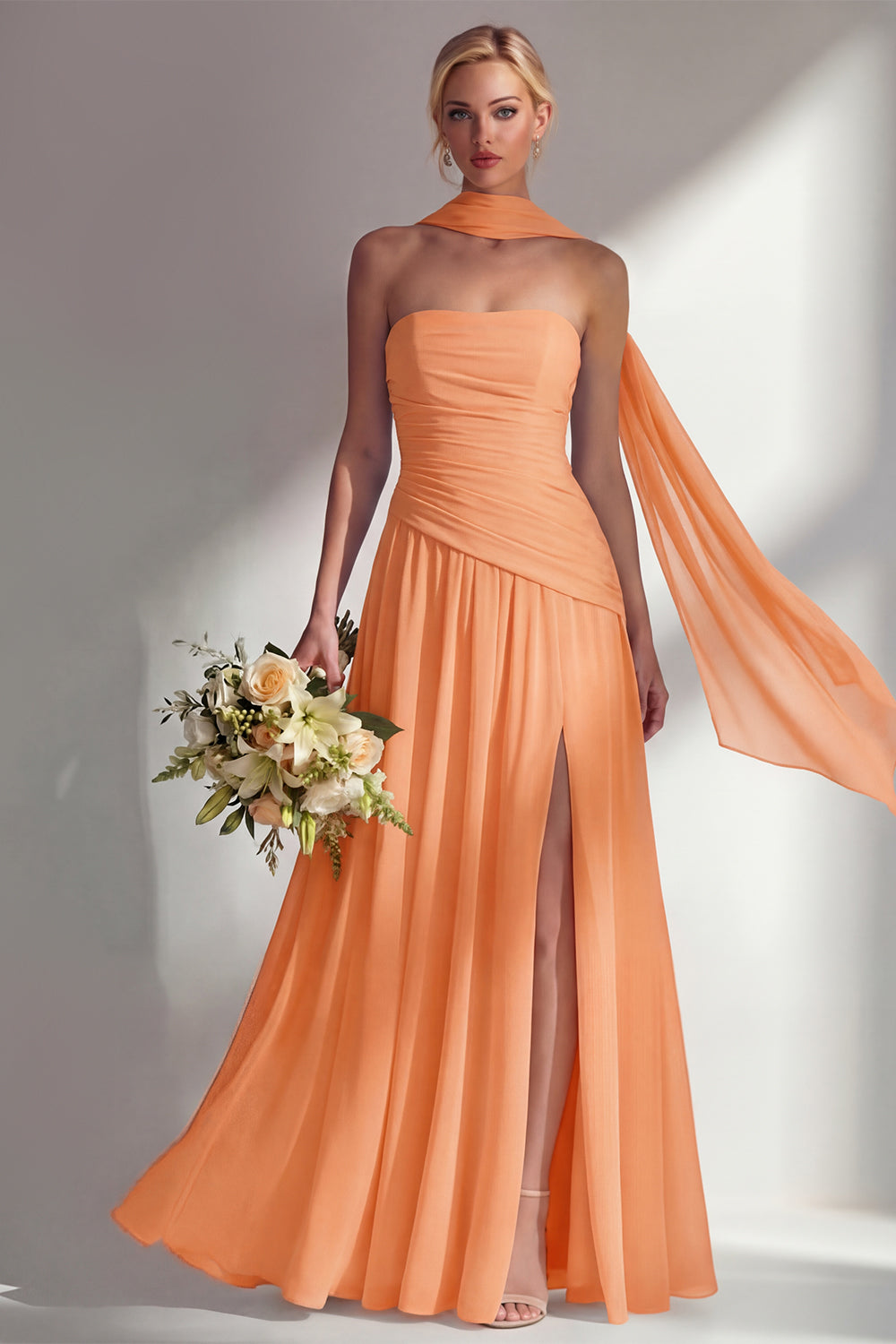 Strapless Ruched Long Blue Neck Scarf Boho Wedding Guest Dress with Slit