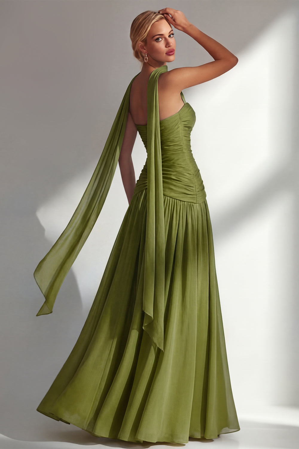 Strapless Ruched Long Blue Neck Scarf Boho Wedding Guest Dress with Slit