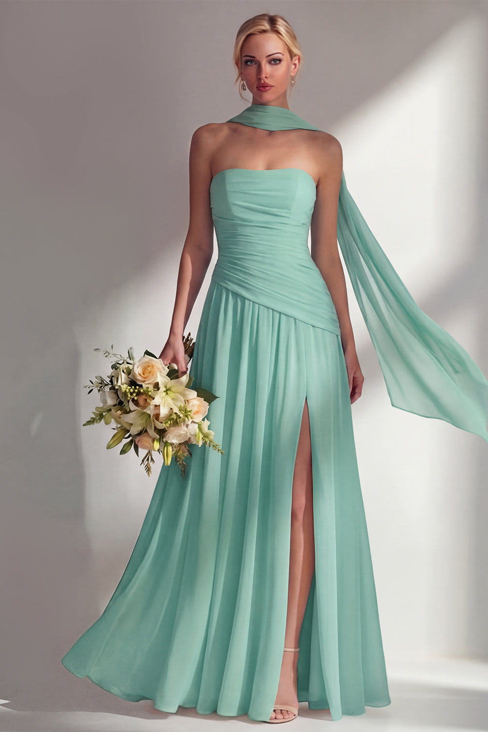 Strapless Ruched Long Blue Neck Scarf Boho Wedding Guest Dress with Slit