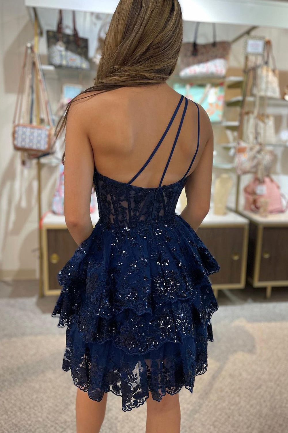 Gorgeous A Line One Shoulder Navy Short Homecoming Dress with Lace