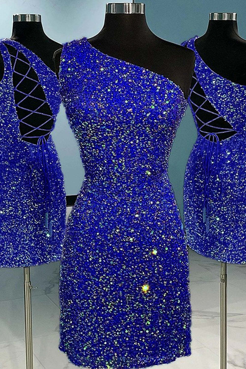 Sheath One Shoulder Royal Blue Sequins Short Homecoming Dress