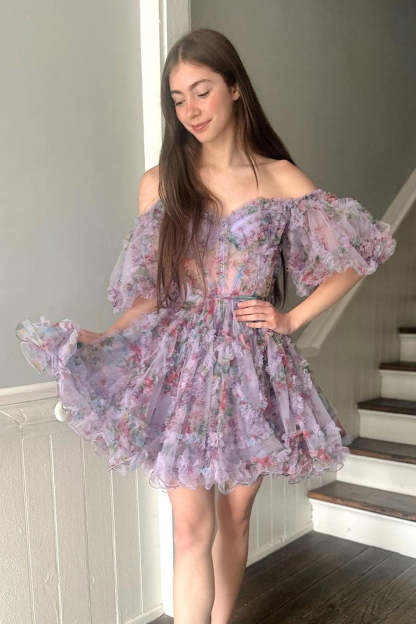 Cute A Line Off the Shoulder Light Purple Printed Short Homecoming Dress