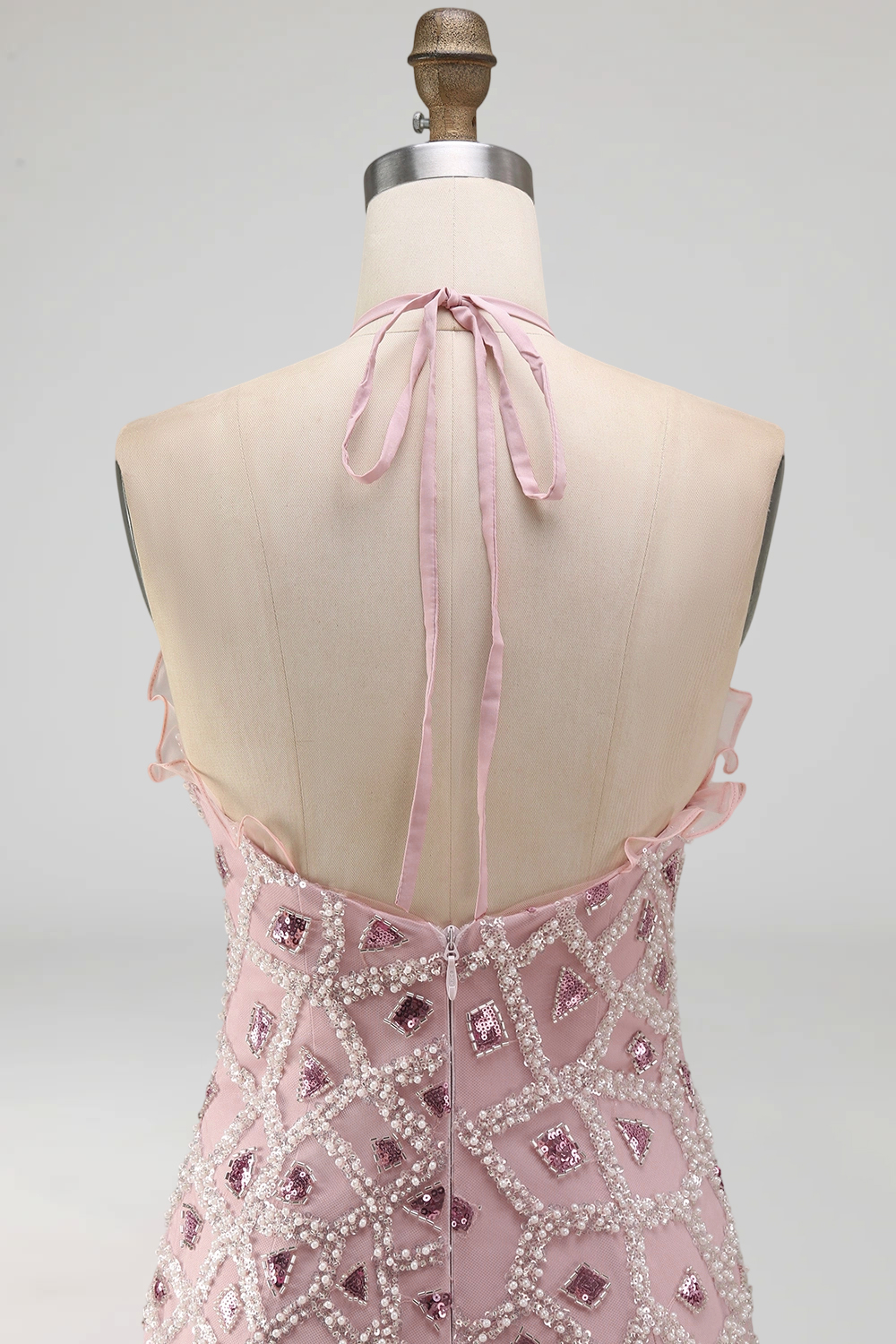 Tight Short Sparkly Blush Ruffled Beaded Halter Homecoming Dress with Fringes