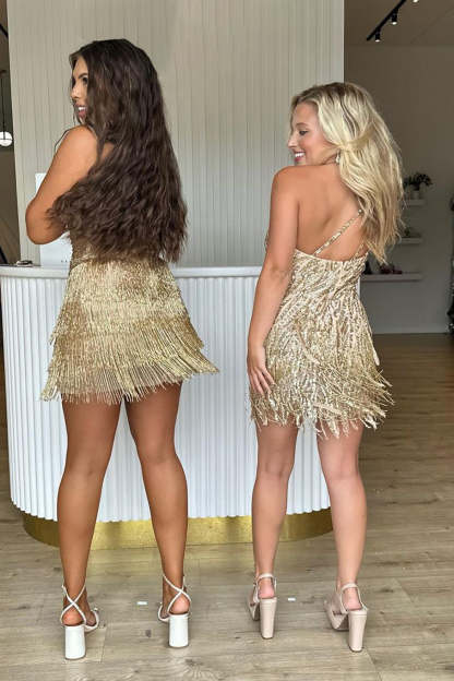 Sparkly Bodycon One Shoulder Golden Sequins Short Homecoming Dress with Tassel