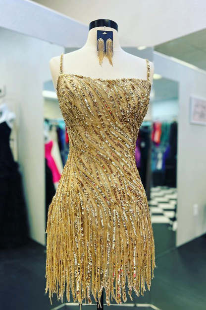 Sparkly Sheath Spaghetti Straps Gold Short Homecoming Dress with Tassel