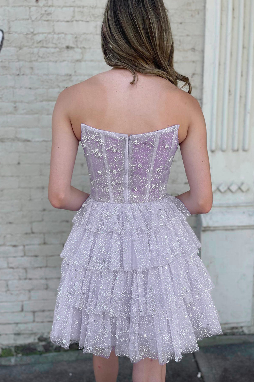 Trendy A Line Strapless Lilac Corset Homecoming Dress with Ruffles