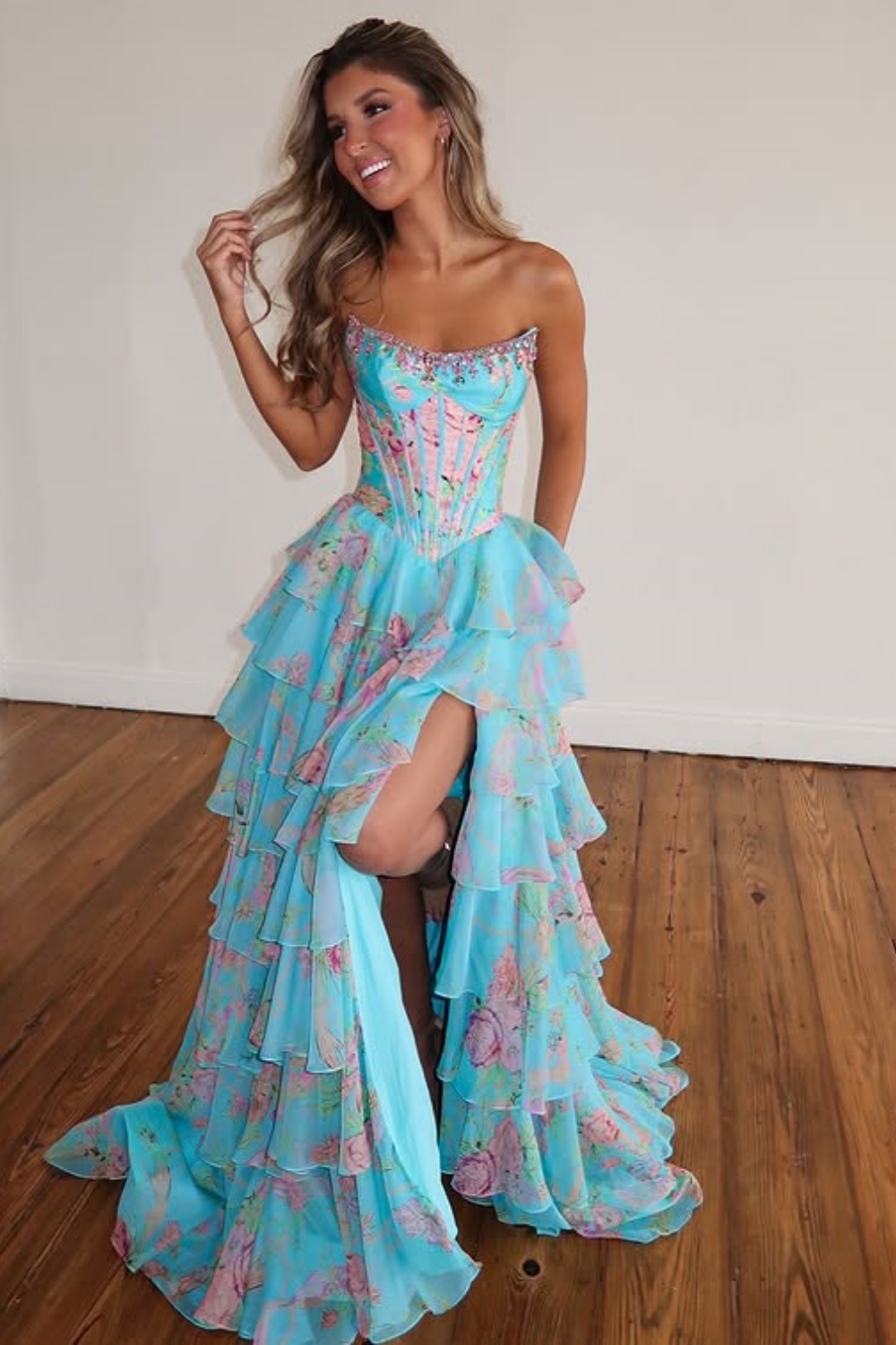Sparkly Blue Floral Corset Ruffled Long Prom Dress with Slit