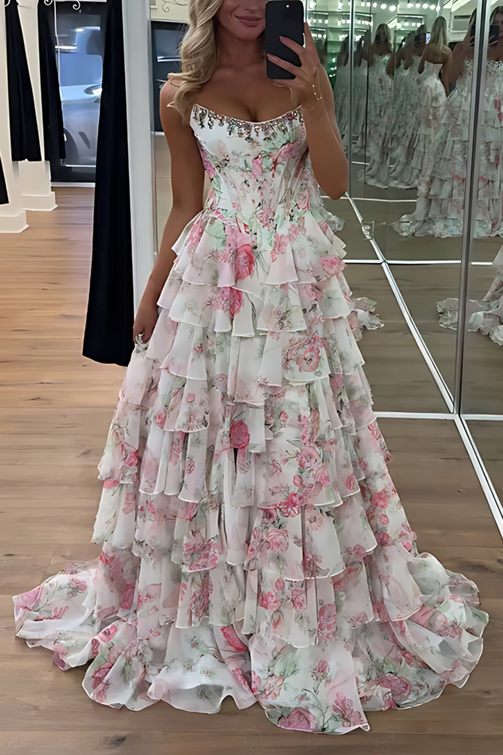 Sparkly Blue Floral Corset Ruffled Long Prom Dress with Slit