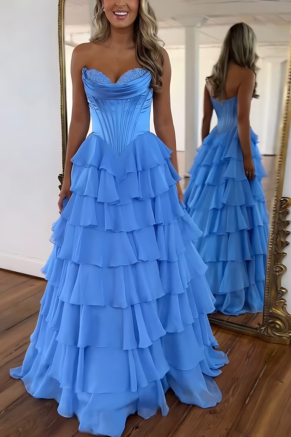 Blue Sweetheart Ruffled Long Corset Prom Dress with Slit