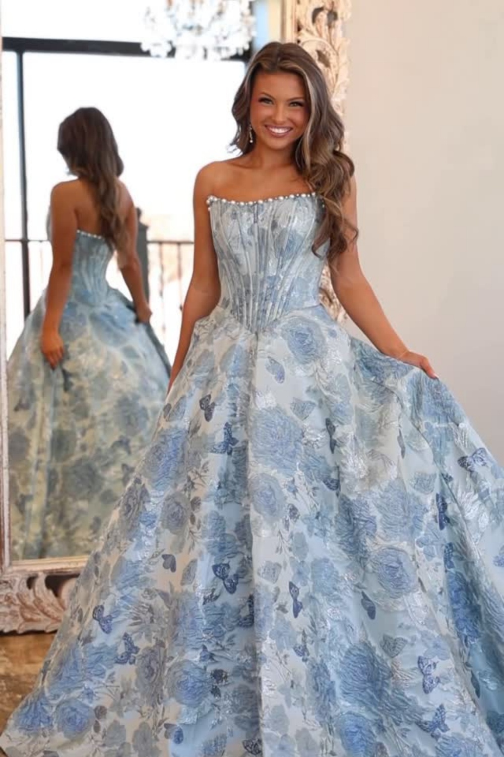 Sparkly Grey Blue Flower Strapless A-Line Long Corset Prom Dress with Beading