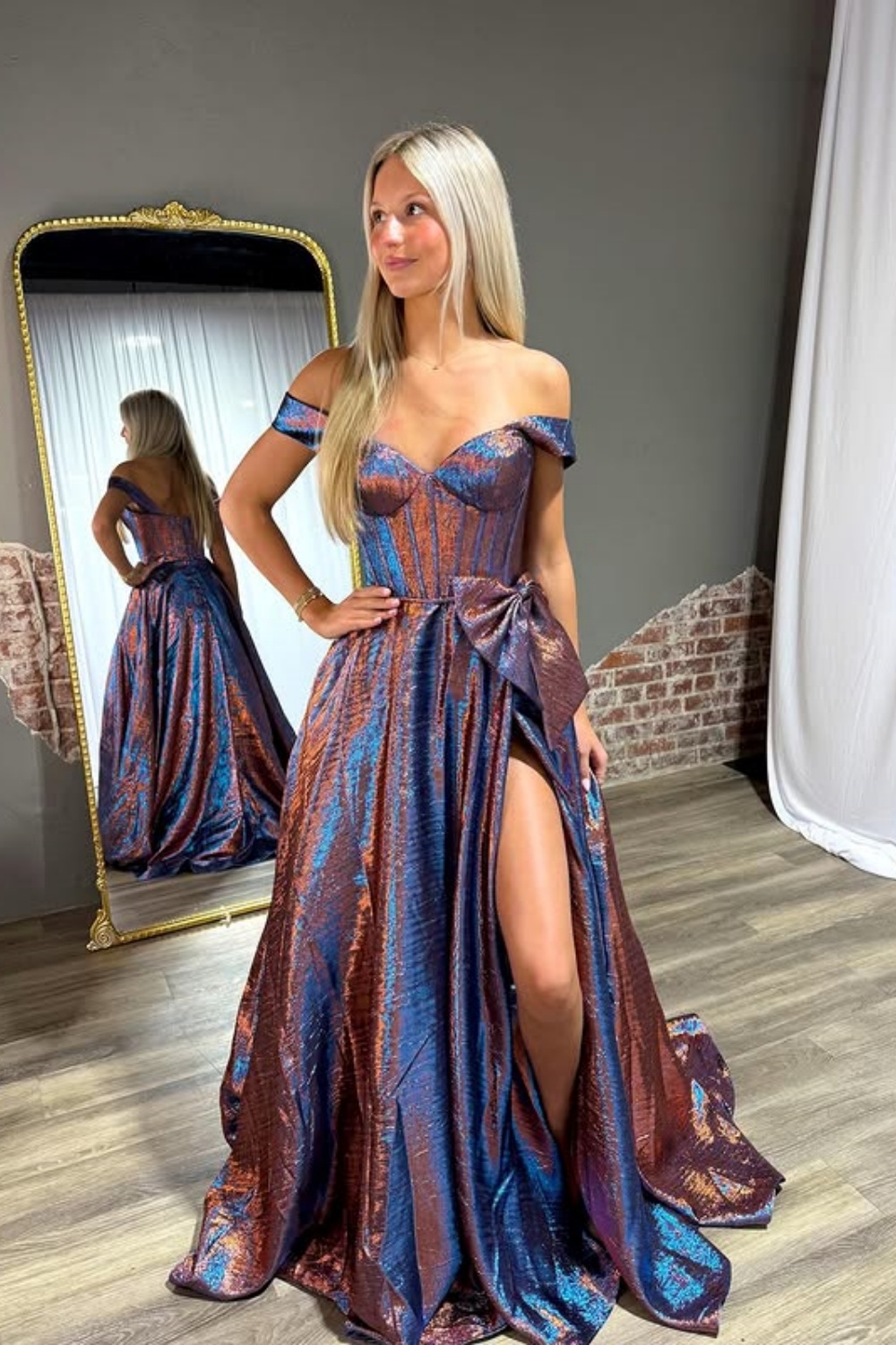 Sparkly Blue Off the Shoulder Metallic A-Line Long Corset Prom Dress with Bow