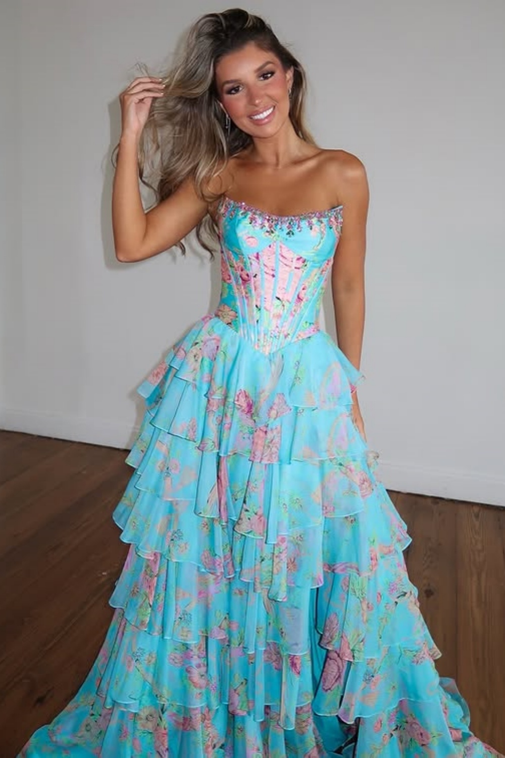 Sparkly Blue Floral Corset Ruffled Long Prom Dress with Slit