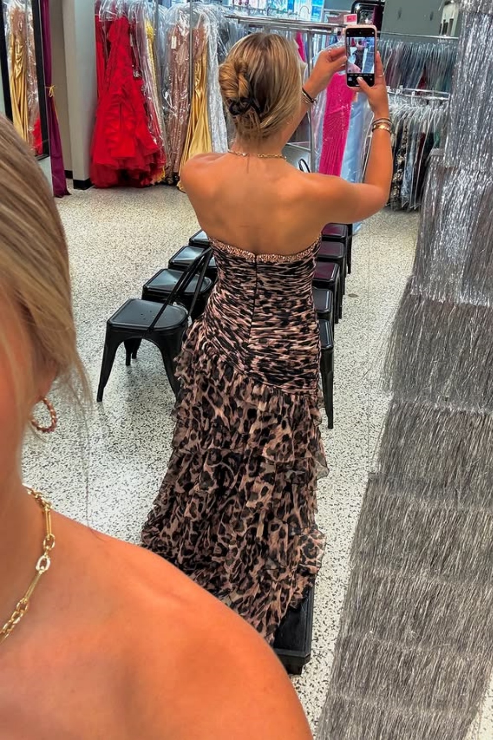 Sparkly Brown Leopard Beaded Strapless Tiered Long Prom Dress with Ruffles