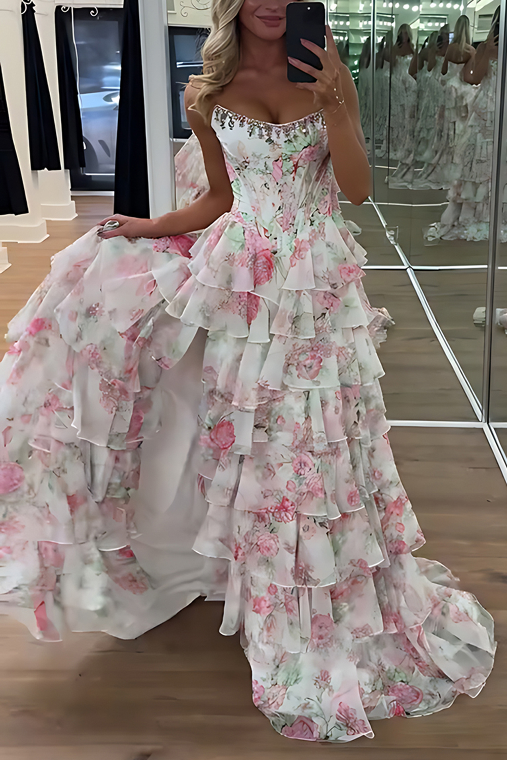 Sparkly Blue Floral Corset Ruffled Long Prom Dress with Slit