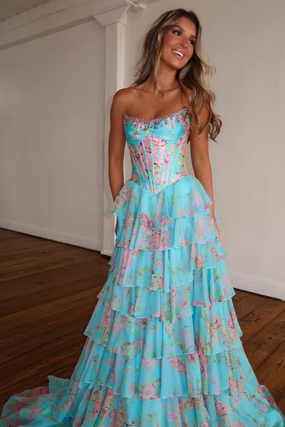 Sparkly Blue Floral Corset Ruffled Long Prom Dress with Slit