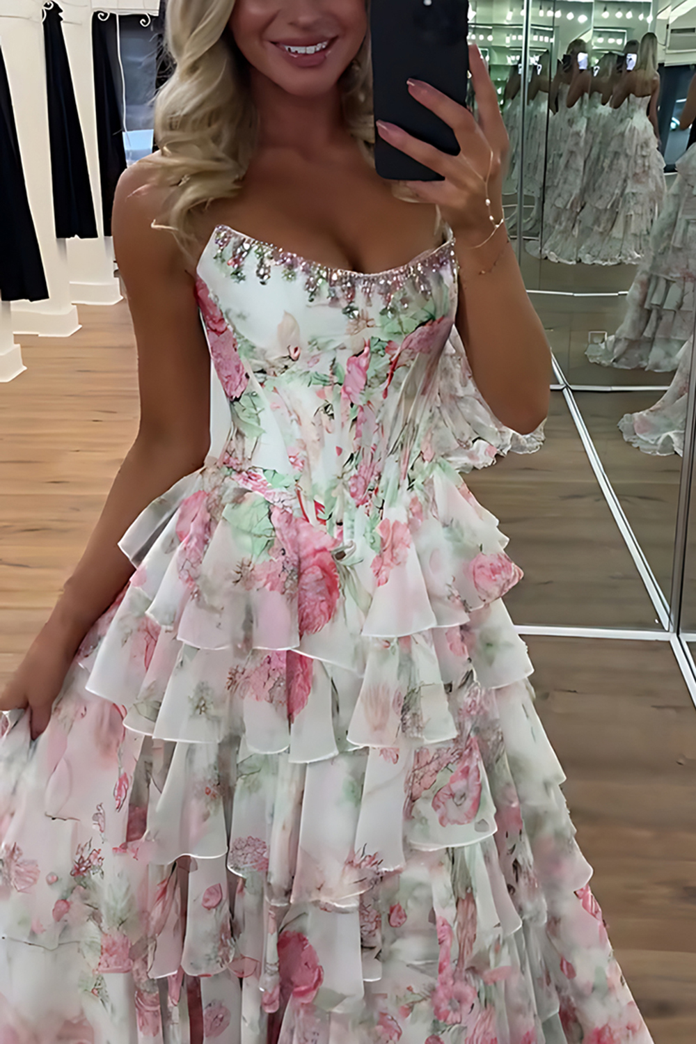 Sparkly Blue Floral Corset Ruffled Long Prom Dress with Slit