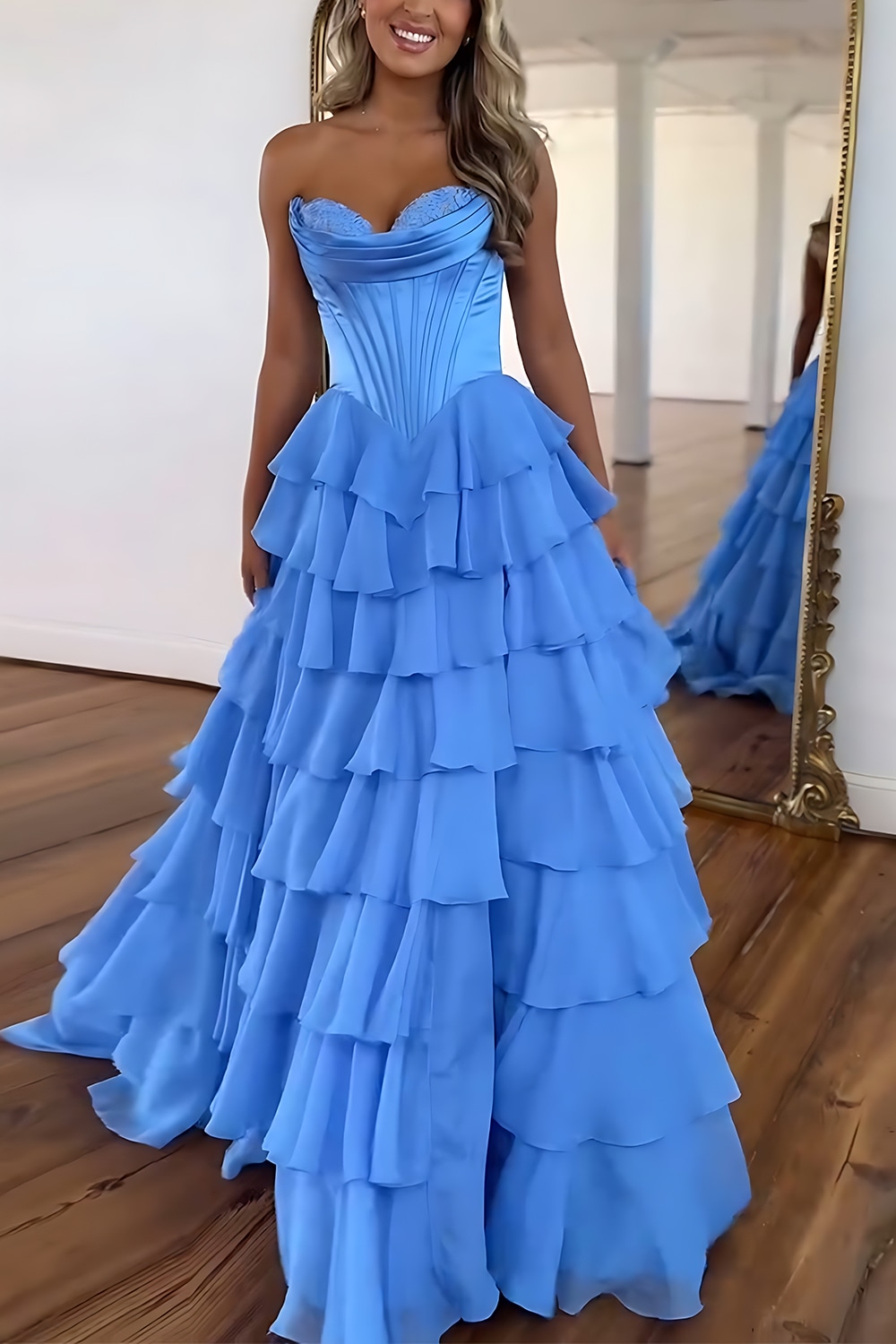 Blue Sweetheart Ruffled Long Corset Prom Dress with Slit