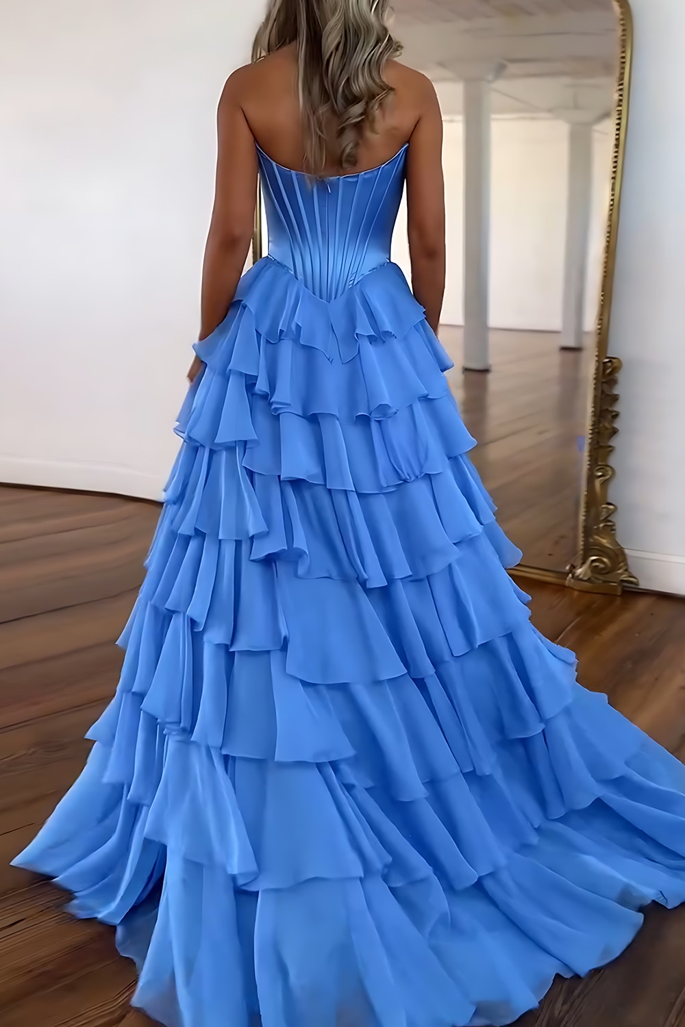 Blue Sweetheart Ruffled Long Corset Prom Dress with Slit