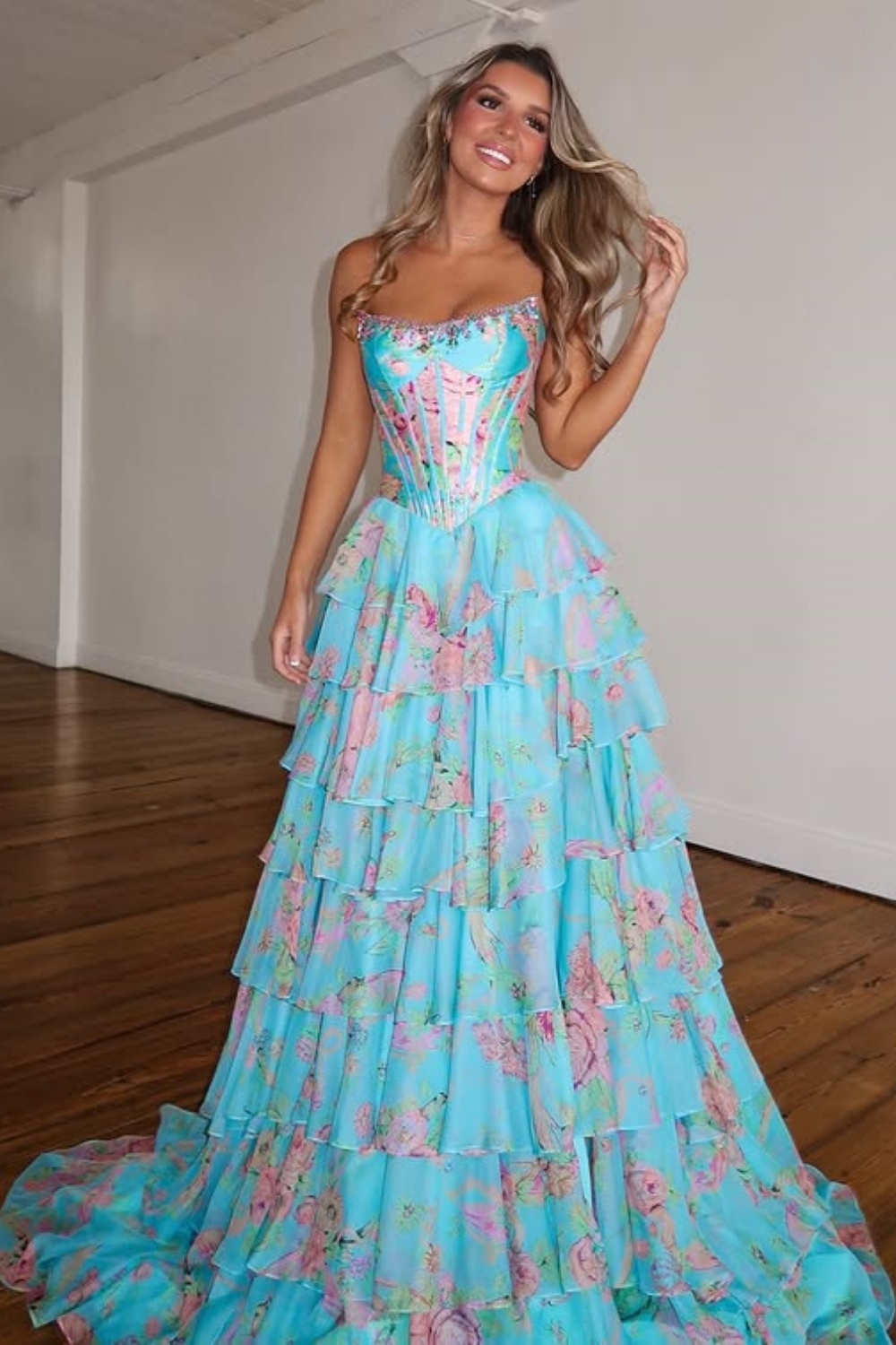 Sparkly Blue Floral Corset Ruffled Long Prom Dress with Slit