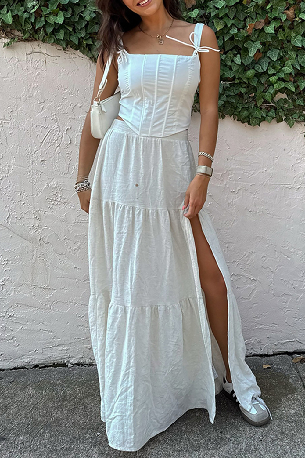 White A Line Corset Cut Out Maxi Dress with Slit