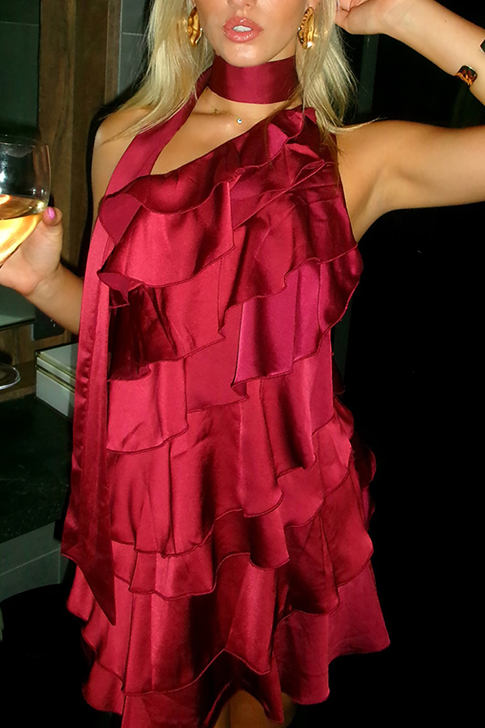 Burgundy Bodycon One Shoulder Neck Scarf Mini Dress with Ruffles