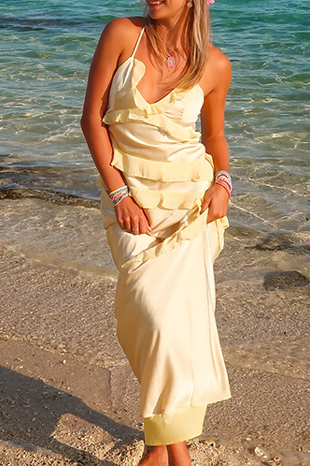 Yellow Sheath Spaghetti Straps Maxi Dress with Ruffles