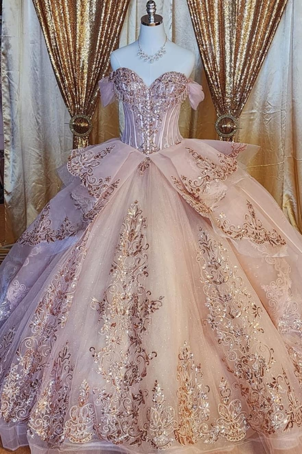 Sparkly Blush Off the Shoulder Appliqued Ball Gown Tulle Quinceanera Dress with Train