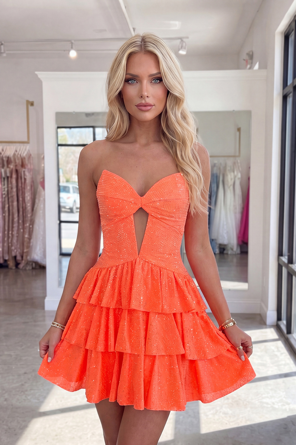 Sparkly Orange A Line Short Keyhole Beaded Strapless Homecoming Dress