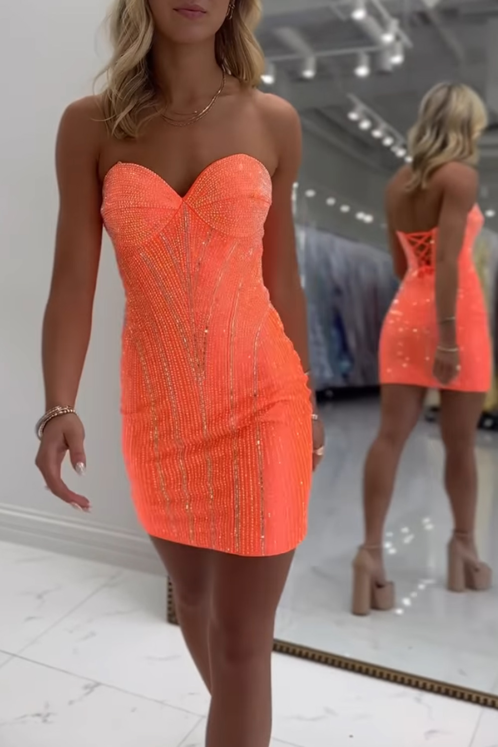 Sparkly Orange Tight Short Corset Beaded Strapless Homecoming Dress