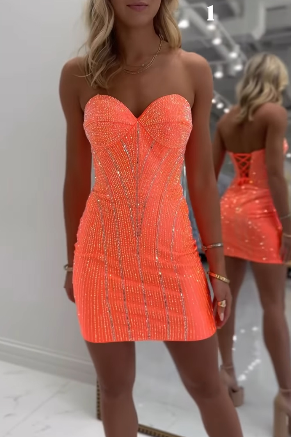 Sparkly Orange Tight Short Corset Beaded Strapless Homecoming Dress