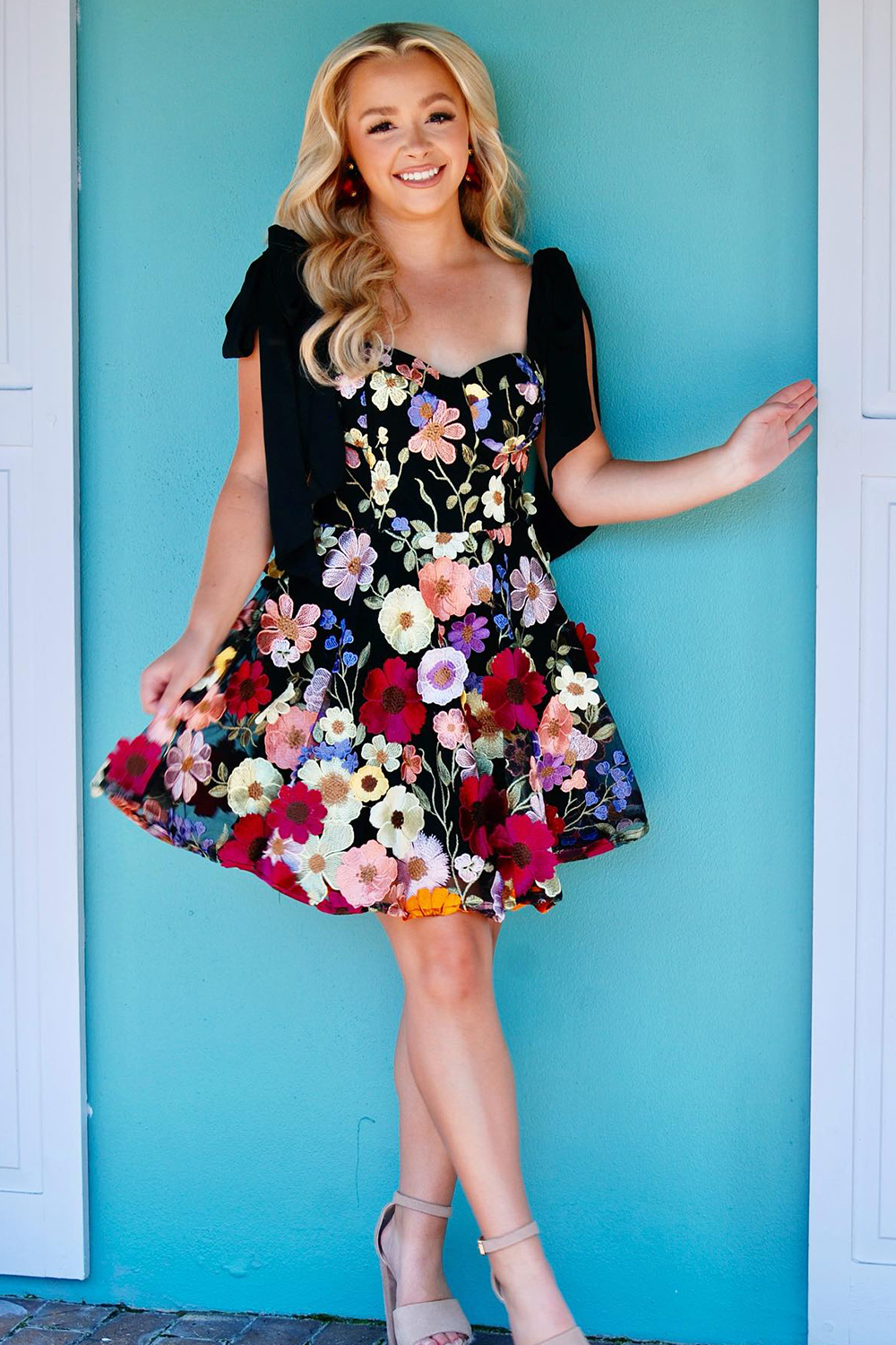 Black Adjustable Straps A-Line Flower Print Homecoming Dress