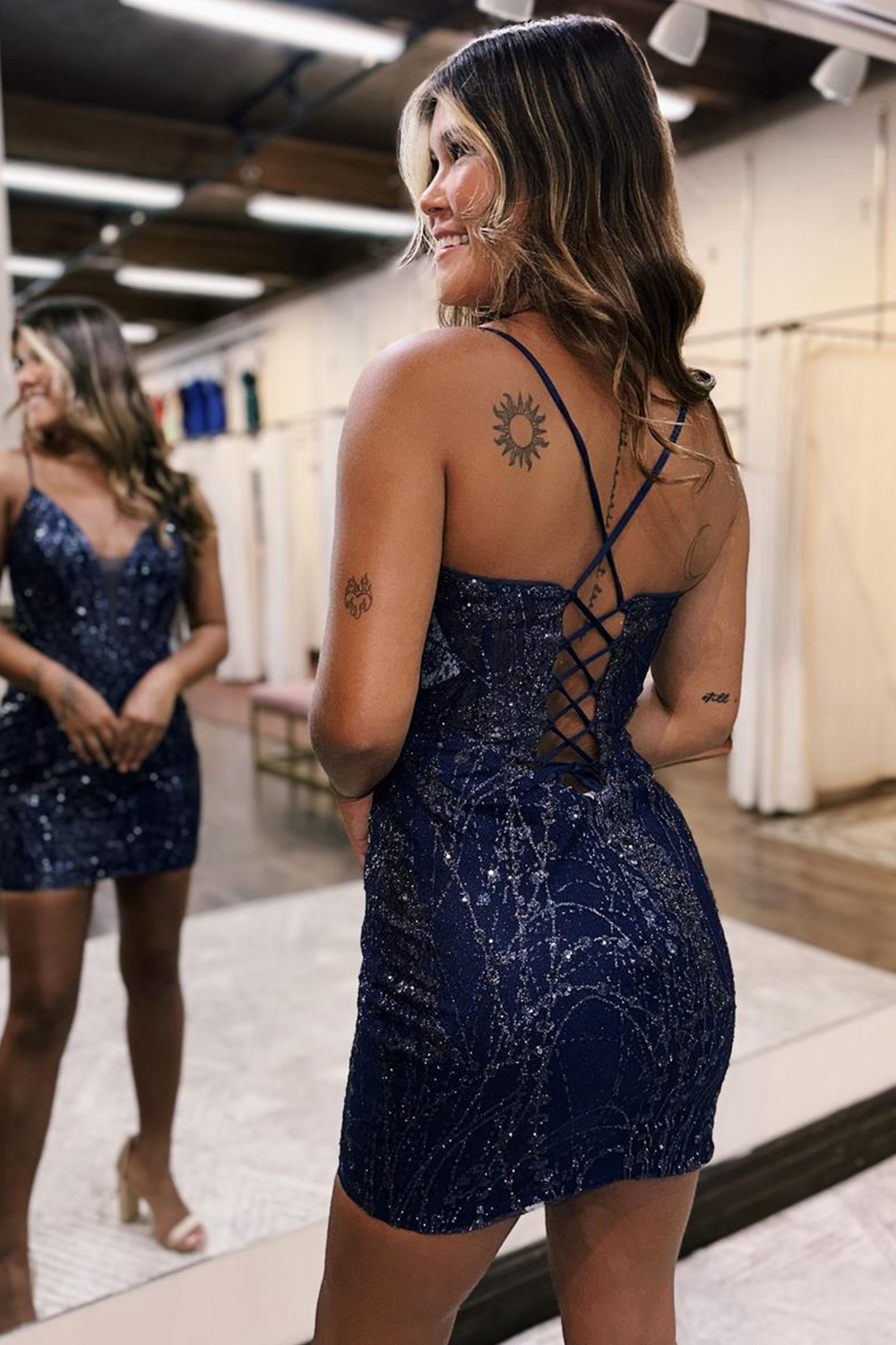 Navy Spaghetti Straps Bodycon Homecoming Dress with Beading