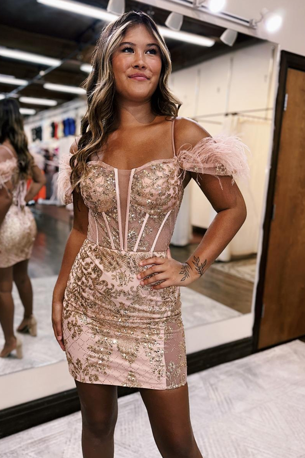 Rose Gold Cold Shoulder Bodycon Homecoming Dress with Beading