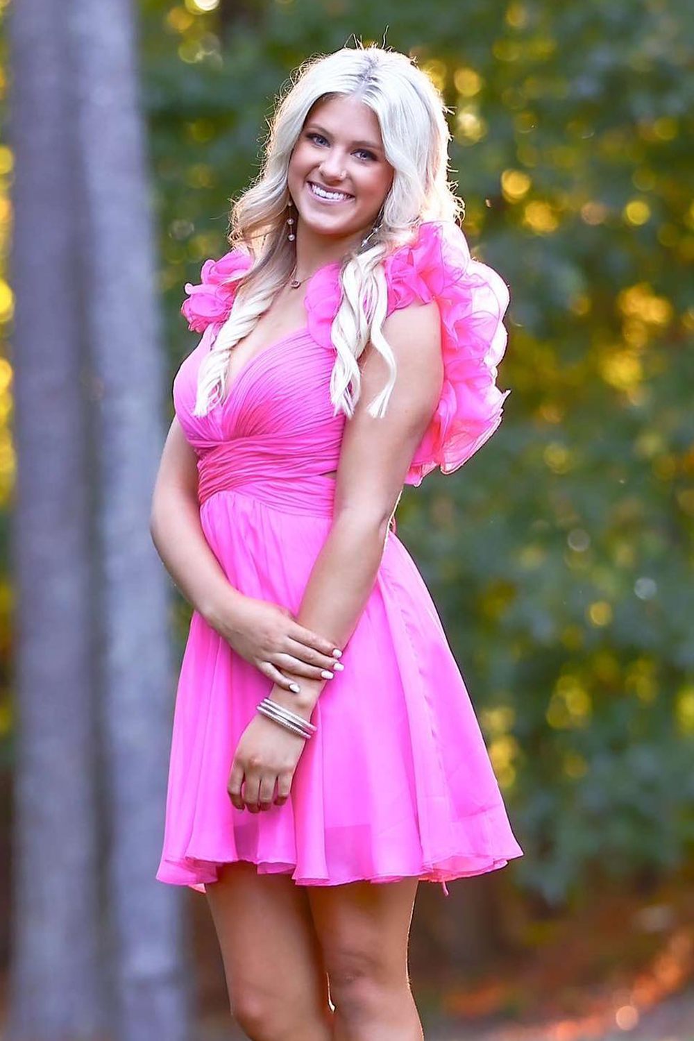 Hot Pink V-neck A-Line Short Homecoming Dress with Ruffles