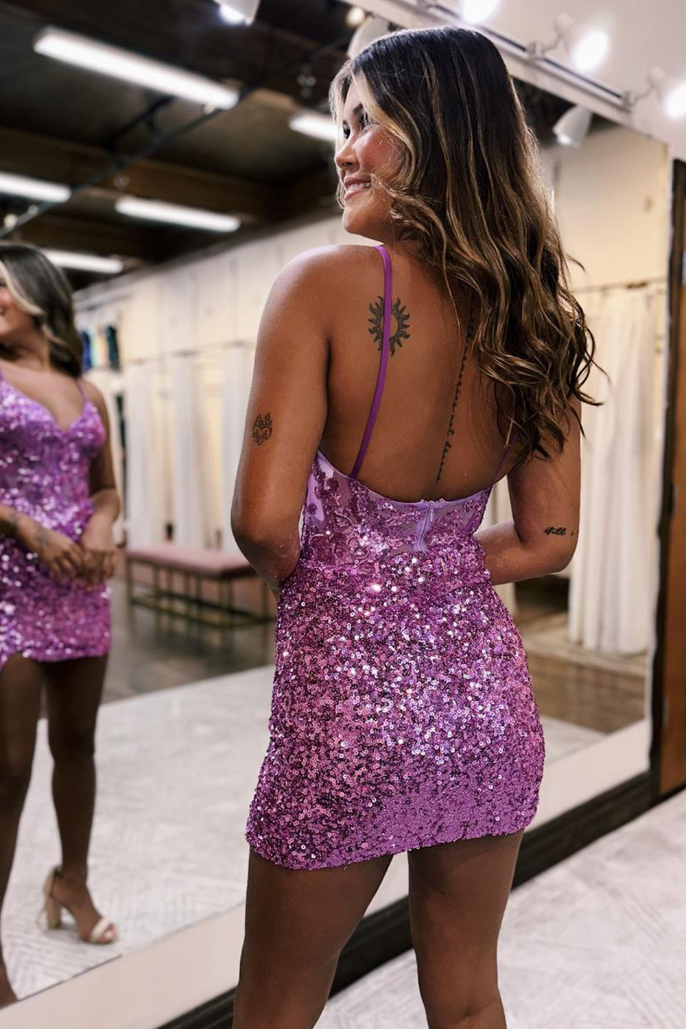 Glitter Lilac Sequin Bodycon Spaghetti Straps Homecoming Dress