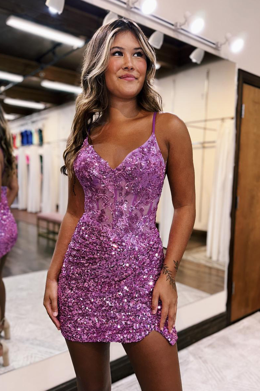 Glitter Lilac Sequin Bodycon Spaghetti Straps Homecoming Dress