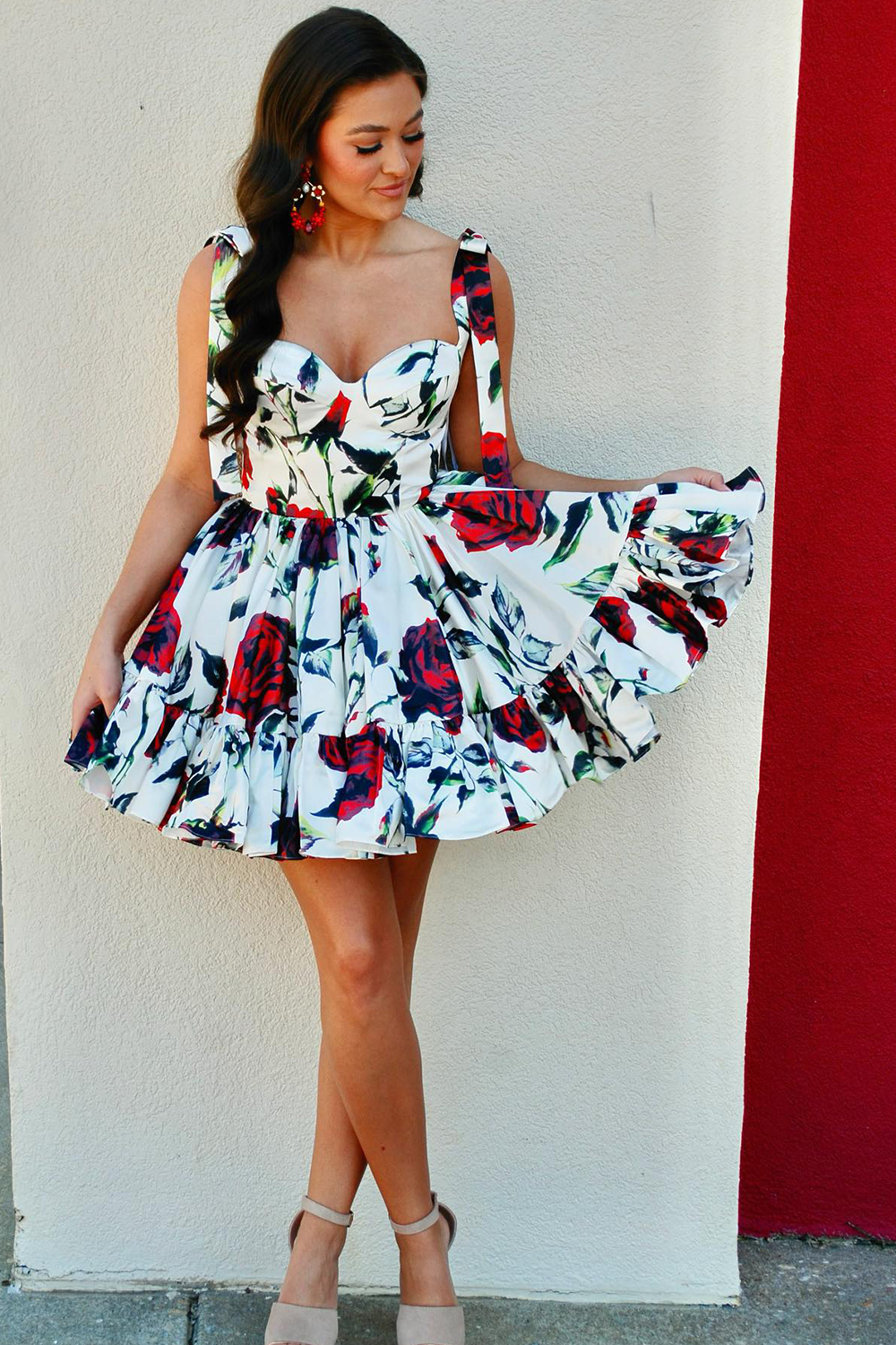 White Red Flower Printed A-Line Corset Homecoming Dress with Ruffles